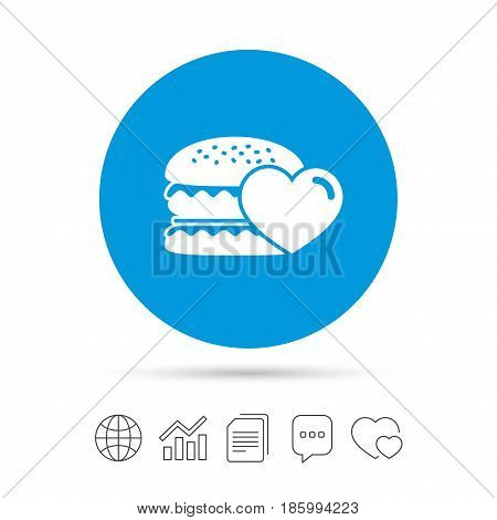 Hamburger icon. Burger food symbol. Cheeseburger sandwich sign. Copy files, chat speech bubble and chart web icons. Vector