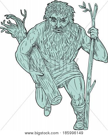 Drawing sketch style illustration of a leshy or Leshiye a tutelary spirit of the forests in Russian or Slavic folklore holding tree trunk and staff viewed from front on isolated white background.