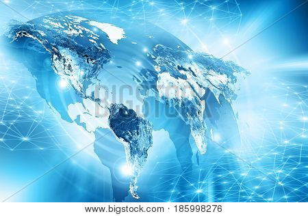 World map on a technological background, bright lines and rays, symbols Internet,  communications. Best Internet Concept of global business. Primary source and elements of this image furnished by NASA