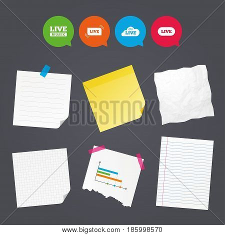Business paper banners with notes. Live music icons. Karaoke or On air stream symbols. Cloud sign. Sticky colorful tape. Speech bubbles with icons. Vector
