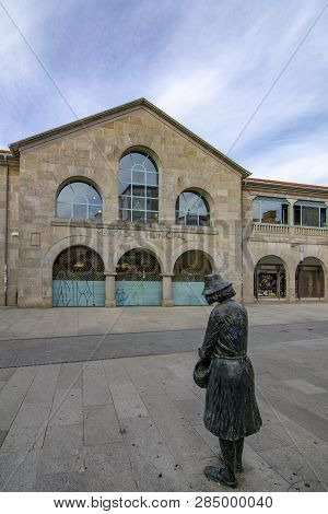 Pontevedra, Galicia, Spain; September 2018: Bronze Sculpture Located In Front Of The Main Facade Of 