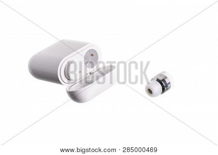 Wireless Cordless Bluetooth Earbuds With Chargeable Case, Isolated On White