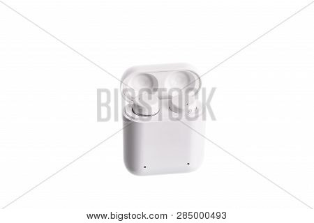 Wireless Cordless Bluetooth Earbuds With Chargeable Case, Isolated On White