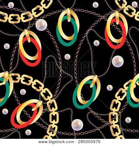 Fashion Seamless Pattern With Golden Chains. Fabric Design Background With Chain, Metallic Accessori