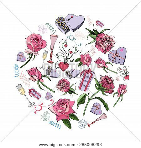Circle Compoition Of Rose Flowes With Leaves, Candy And Other Different Objects Isolated On White Ba