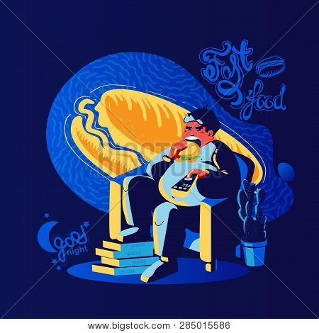Man Eating At Night Fast Food, Good Night, Eps10