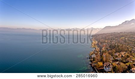 Amazaing Drone Shots Above The French Lake Side Town Of Evian Les Bains In France. The Town Is Famou