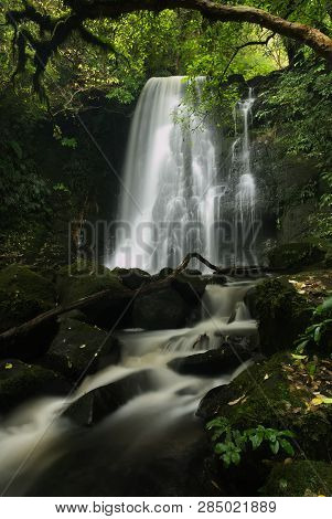 Long Exposure Of Matai Falls In Forest Of The Catlins Park. South Island, New Zealand.