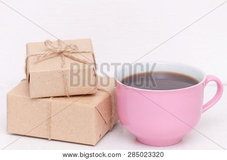 Pink Cup Of Coffee With Pressents. Good Morning For Woman, Wife, Daughter, Girl, Mother.