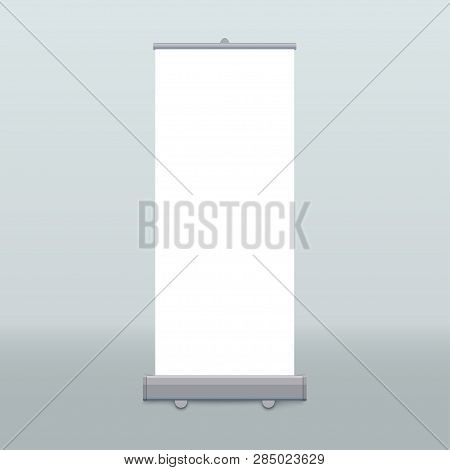 Roll Up Banner Isolated. Vector Empty Display Mockup For Presentation Or Exhibition Product. Vertica