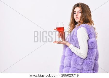 Lady Fashion Model Curly Hairstyle Likes Expensive Luxury Wine. Hedonism Concept. Reasons To Drink R