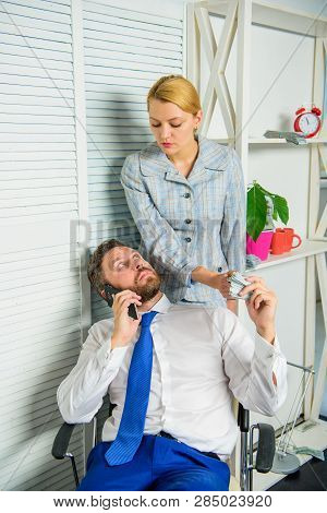 Man Speak Mobile Phone Ask For Money. Accomplices Financial Fraud Crime. Man And Woman Earn Money On