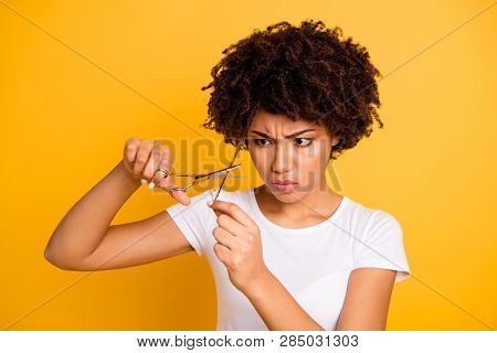 Close Up Photo Beautiful Amazing She Her Dark Skin Lady Hold Hair Scissors Hands Un-sure Pros Cons M