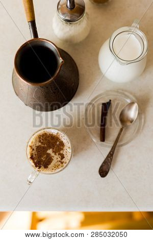 Black Coffee On The Breakfast In The Morning. Glass Cup And Sunny Weather.