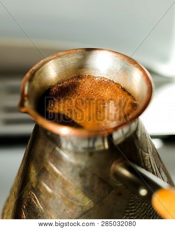 Making Black Coffee In Cezva For The Breakfast In The Early Morning.