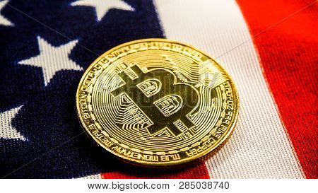 Crypto Currency Bitcoin Btc Golden Bit Coin Against Flag Of United States Of America Usa. Virtual Mo