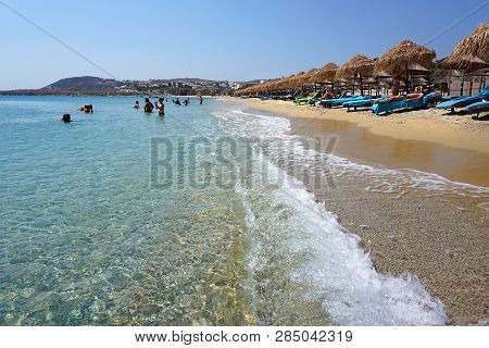 Mykonos, Greece, September 09 2018, Panoramic View Of The Enchanting Nature Of Kalafatis Beach In Th