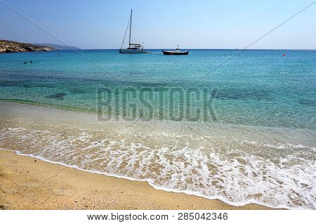 Mykonos, Greece, September 09 2018, Panoramic View Of The Enchanting Nature Of Kalafatis Beach In Th