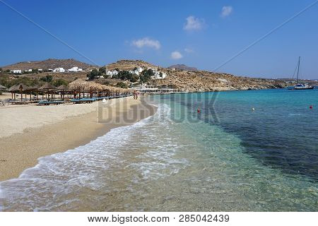 Mykonos, Greece, September 09 2018, Panoramic View Of The Enchanting Nature Of Kalafatis Beach In Th