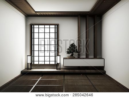 Interior Design,modern Empty Living Room With Floor Tatami Mat And Traditional Japanese.3d Rendering