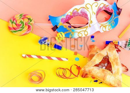 Purim With Carnival Mask, Party Costume And Hamantasc
