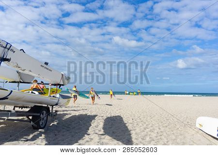 Mount Maunganui New Zealand - February 8 2019: Members Mount Maunganui Surf Lifesavers Club Head Dow