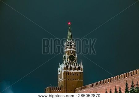 Chimes And The Wall In The Moscow Kremlin At Night