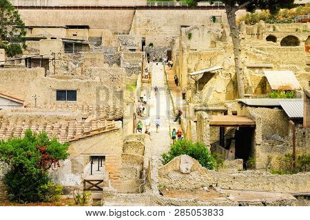 Ercolano, Italy - September 09, 2019: Herculaneum, Ancient Roman Town. City Main Street, Archeologic