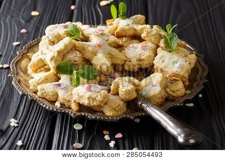 Hojarascas Traditional Mexican Shortbread Cookies With Pecans, Anise, Zest And Mint Close-up. Horizo