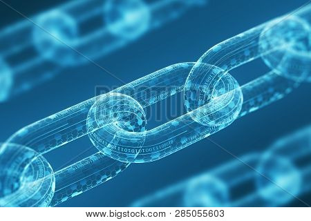 Three Diagonal Digital Chains On A Blue Background. Blockchain Technology Concept. Mining And Crypto