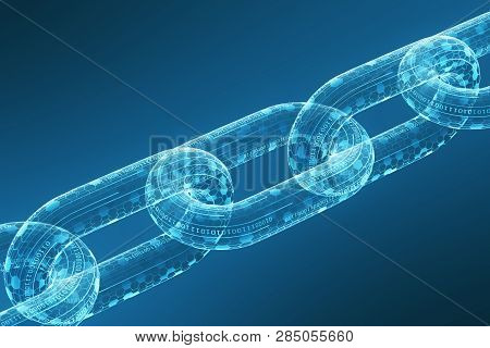 Block Chain Made Of Digital Code On A Blue Background. Concept Of Cryptocurrency And Mining Bitcoin.