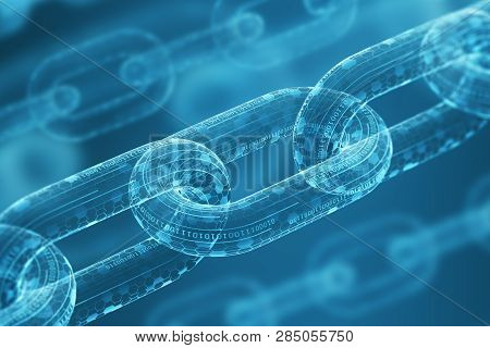Diagonal Digital Chain With Code On A Blue Background. Concept Of Blockchain Technology. Mining And 