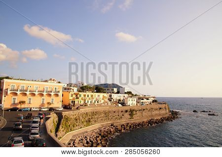 Sunset On Soccorso Church In Forio, Part Of Ischia Island