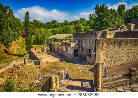 A Stone Ruin Of The City Pompei Near Volcano Vesuv.