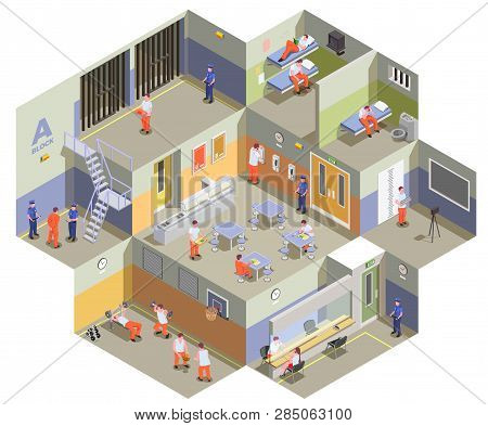 Jail Detention Facility Interior Isometric Composition With Prisoners In Cells Canteen Gym And Visit