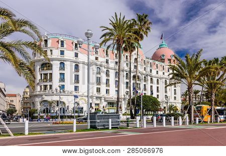 Nice, France - March 7, 2018: Beautiful View Of La Croisette Promenade And Luxury Hotel «negresco»
