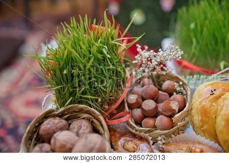 Hazelnuts, Filbert In Burlap Sack On Wooden Backdrop. Heap Or Stack Of Hazelnuts. Hazelnut Backgroun
