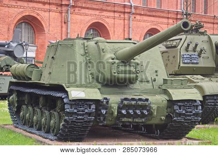 Saint Petersburg, Russia - July 07, 2017: 122 Mm Self-propelled Gun Isu-122. Museum Of Artillery, En