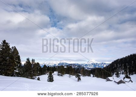 Panoramic View From Scheibelalm In Holiday Resort Hohentauern To Ennstaler Alps With Mountains Reich