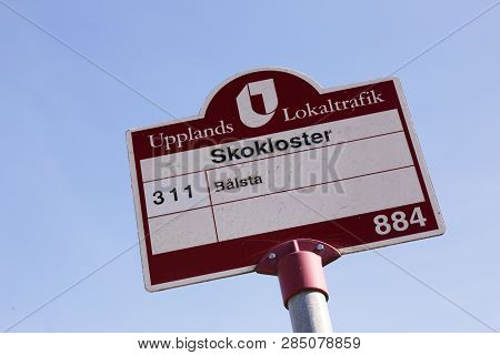 Skokloster, Sweden - May 9, 2018: Bus Stop Sign Serving Line 311 Operated By Ul At Skokloster Castle