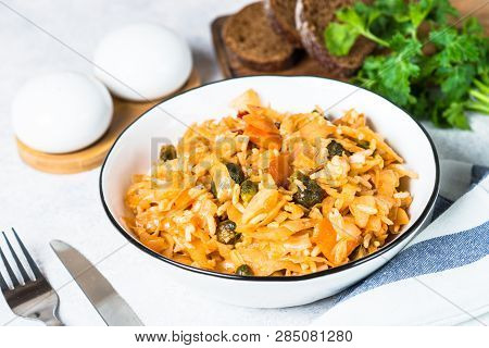 Cabbage Stew With Rice And Vegetables. Meatless Vegan Dish.