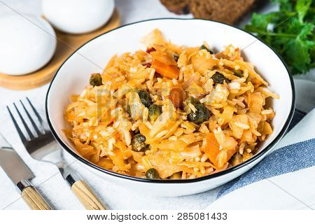 Cabbage Stew With Rice And Vegetables. Meatless Vegan Dish.