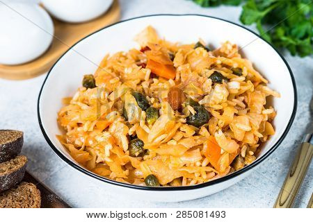 Cabbage Stew With Rice And Vegetables. Meatless Vegan Dish.