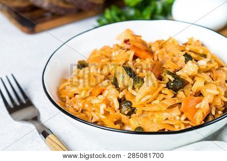 Cabbage Stew With Rice And Vegetables. Meatless Vegan Dish.