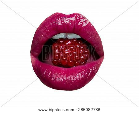 Raspberries In Sexy Mouth. Female Lips And Teeth Lick Eat Red Tasty Raspberries. Diet Berries, Passi