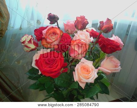 A Beautiful Bouquet With Pink, Red Roses,  Bouquet Of Roses Flowers Still Life.