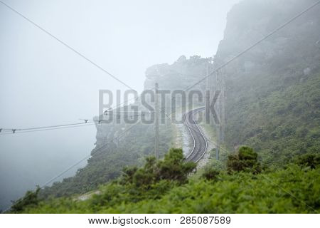 Rack Railway In The Cloud Veil. La Rhune, Basque Mountain, France