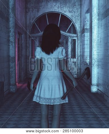 Sister Of Horror,portrait Of A Killer Woman With Hatchet And Cleaver,3d Rendering