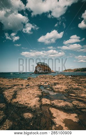 Rippled Sand And Rock Formations At Costa Rica, Bahia De Los Piratas, Natural Background, Landscape 