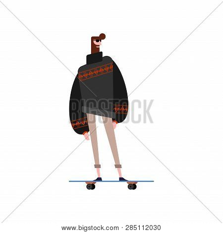 Hipster And Skateboard. Trendy Guy With Beard. Fashion-monger And Longboard